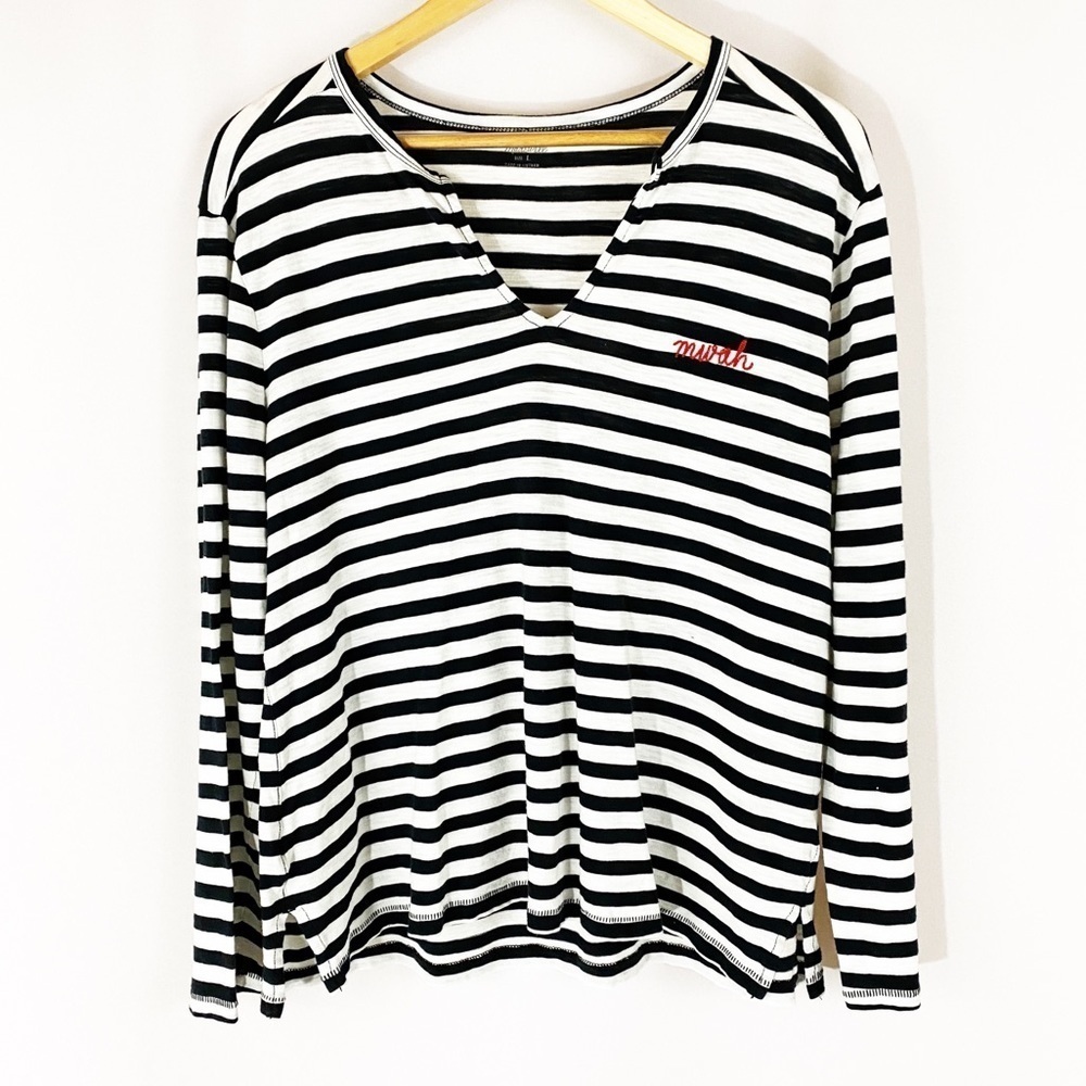 Madewell “Mwah”‎ Embroidered Striped Cotton Tee